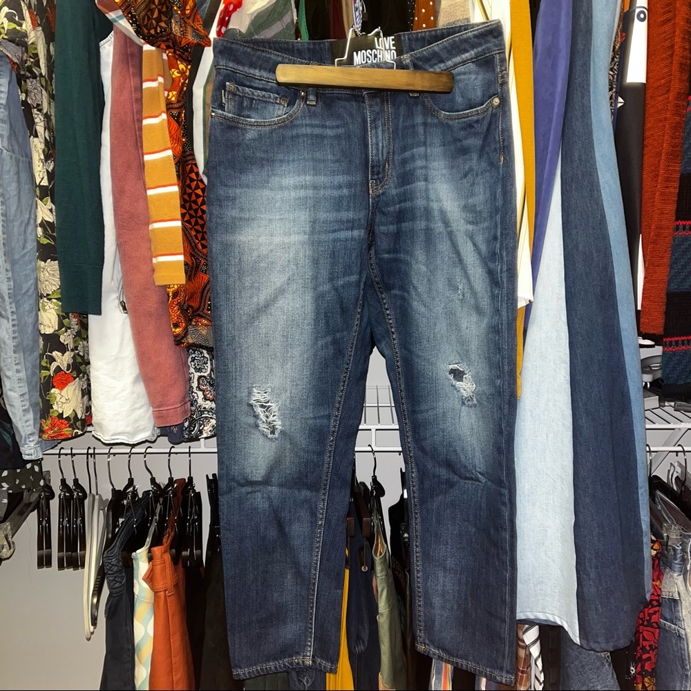 Love Moschino Distressed Denim Straight Leg Mid / High Waist Boyfriend Mom Jeans
